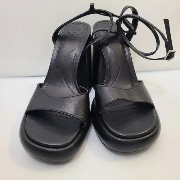 ZARA HIGH-HEEL PLATFORM SANDALS BLACK SIZE 63307/110